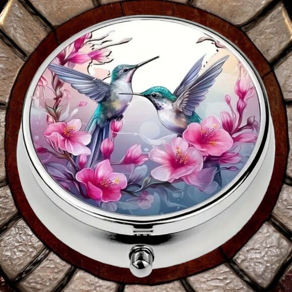 Pink Orchid Hummingbird Pill Box Medicine Mini Steel Case Mirrored Travel Purse - Picture 1 of 6